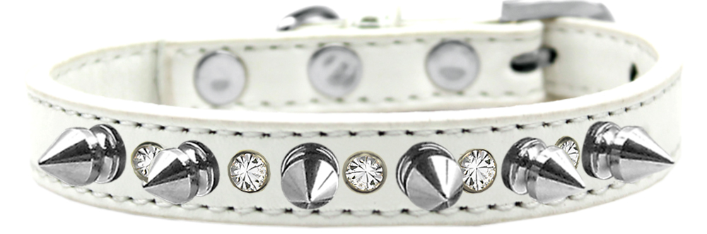 Crystal and Silver Spikes Dog Collar White Size 14